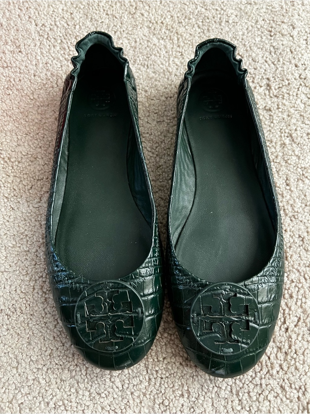 Tory Burch Green Croc-Embossed Minnie Travel Ballet Flats